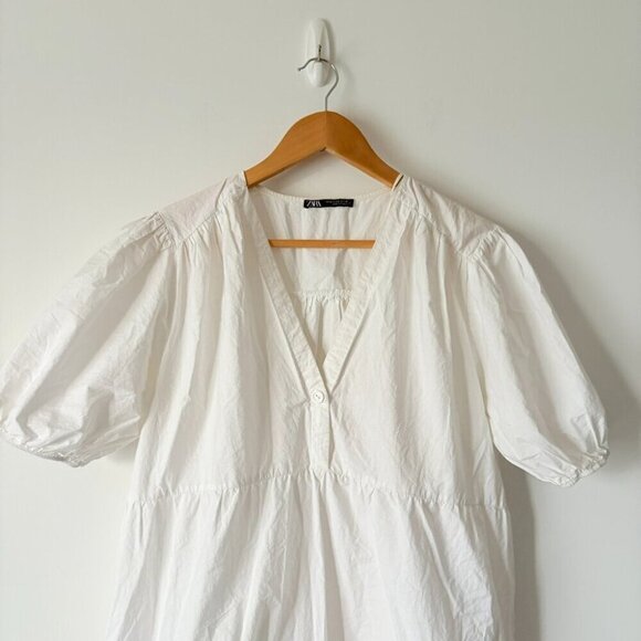 Zara Poplin Voluminous Short Sleeve Midi Dress White Size Medium - Picture 4 of 8